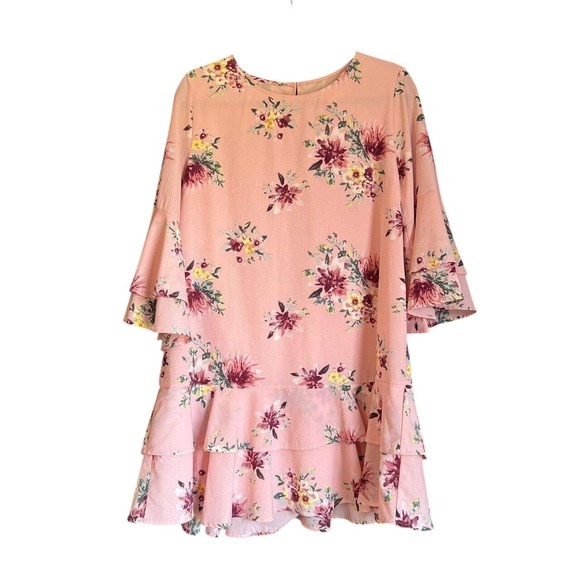 entro Dresses & Skirts - Women Pink Floral Tiered Ruffle Bell Sleeve Mini Shift Dress Large Romantic Boho